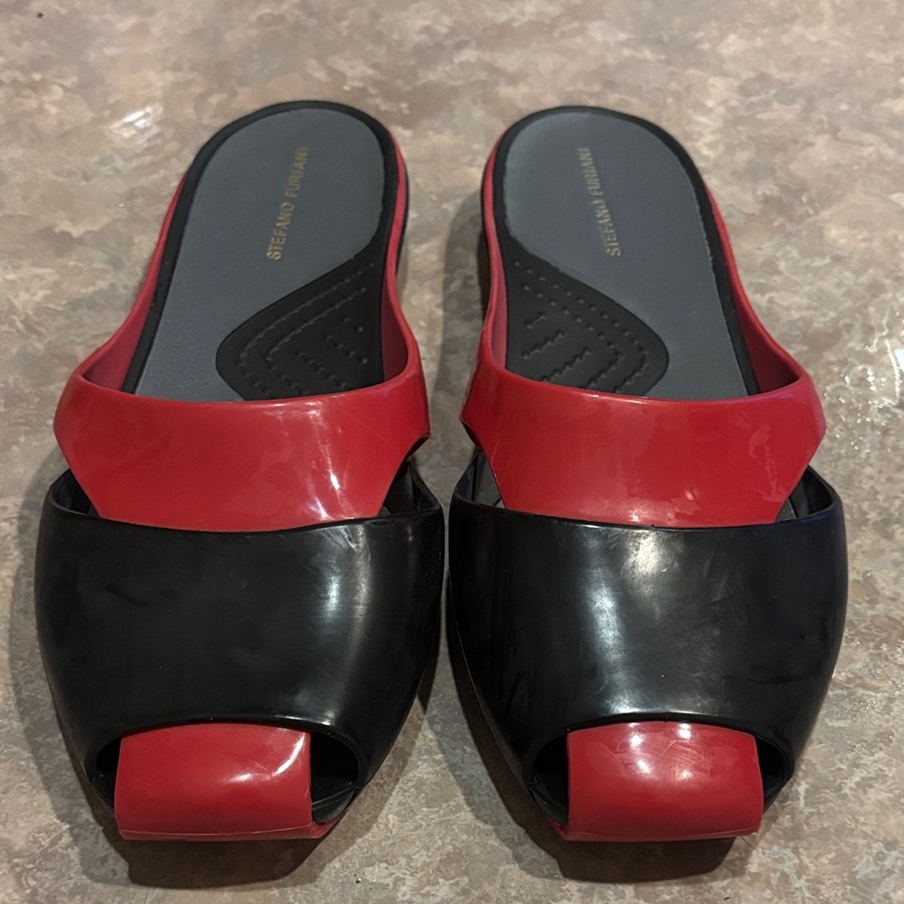Stuart Weitzman Red and Black Mules